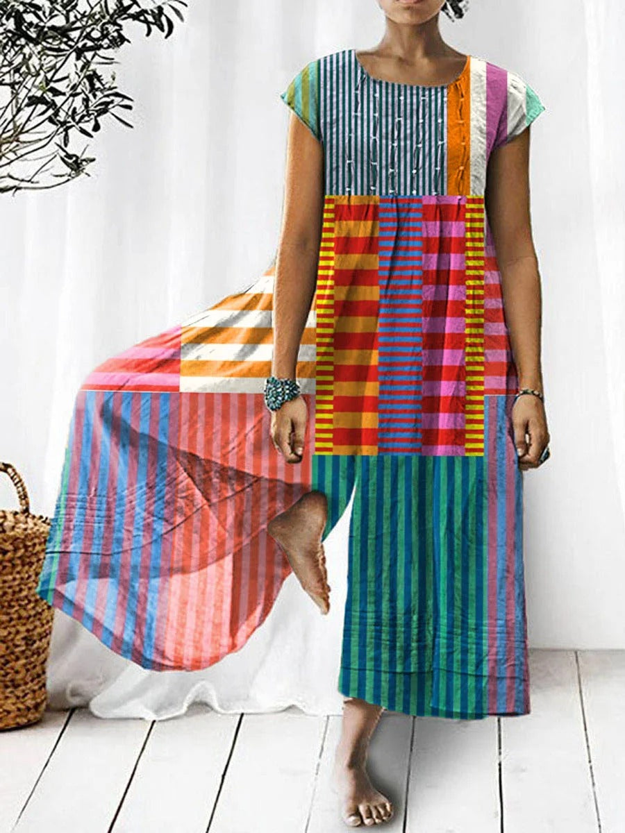Camisa de Mujer de Algodón y Lino a Rayas y Patchwork Colorido