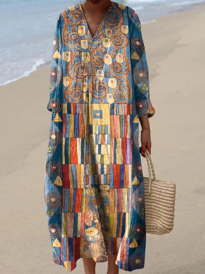 Vestido cruzado sin mangas de algodón para mujer con bolsillo y estampado artístico geométrico abstracto