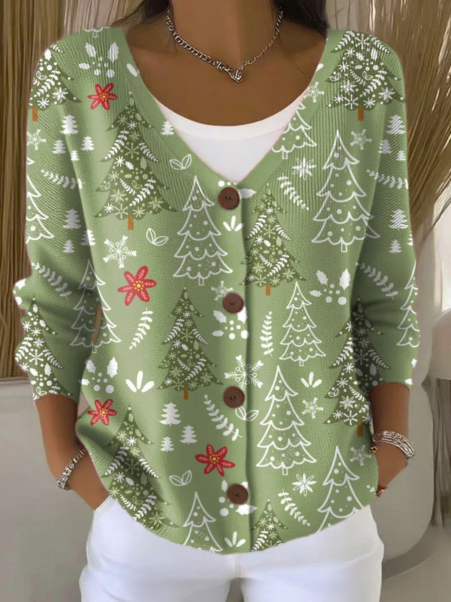 Suéter Cárdigan Navideño para Mujer con Estampado Artístico
