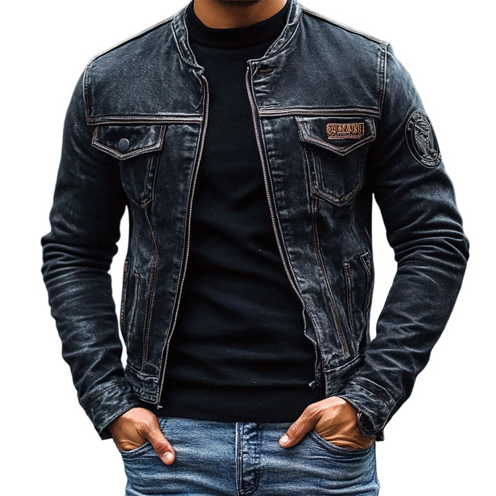 Chaqueta vaquera de ajuste slim con cuello de béisbol lavada vintage para hombre