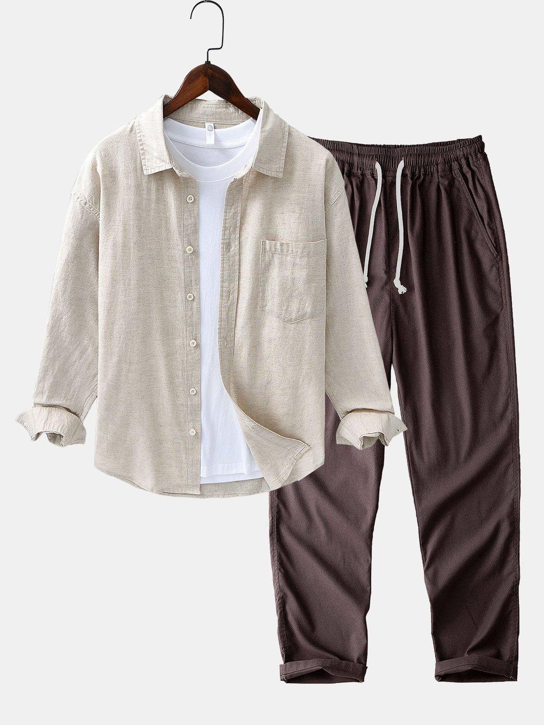 Camisa de manga larga de lino y algodón con bolsillo y pantalón de lino de pierna recta