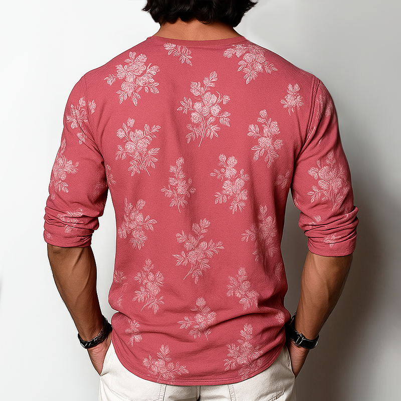 Camiseta de manga larga con cuello Henley y estampado floral para hombre