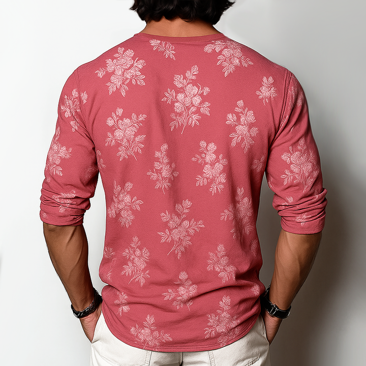 Camiseta de manga larga con cuello Henley y estampado floral para hombre