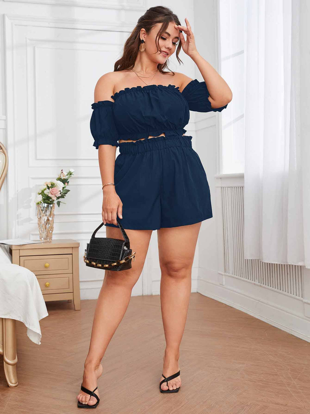 Conjunto de blusa con volantes y pantalones cortos para mujer
