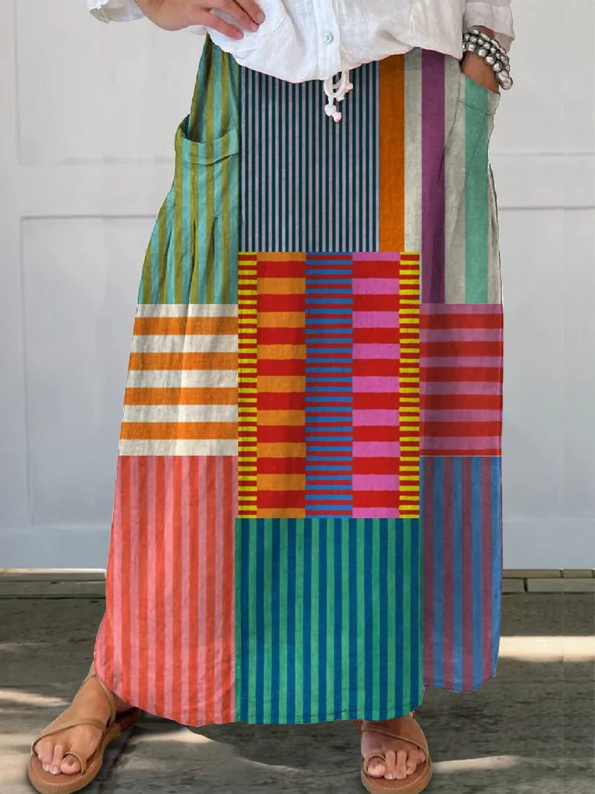 Camisa de Mujer de Algodón y Lino a Rayas y Patchwork Colorido