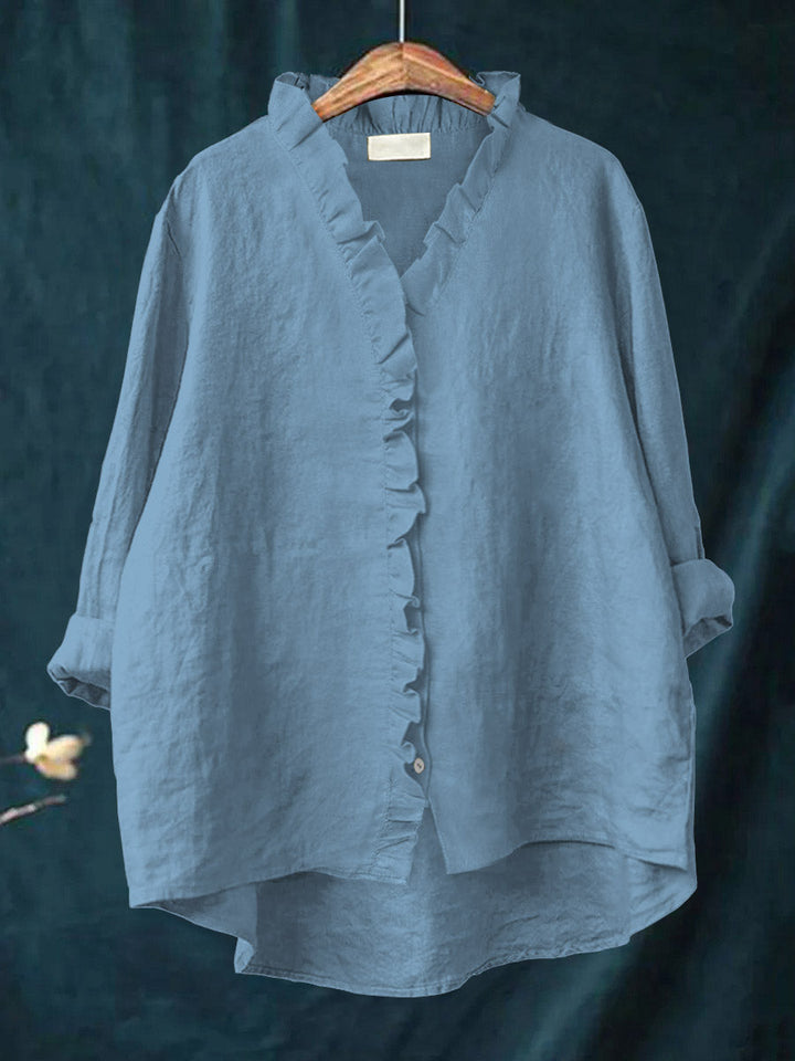 Camisa Casual de Algodón y Lino con Volantes para Mujer