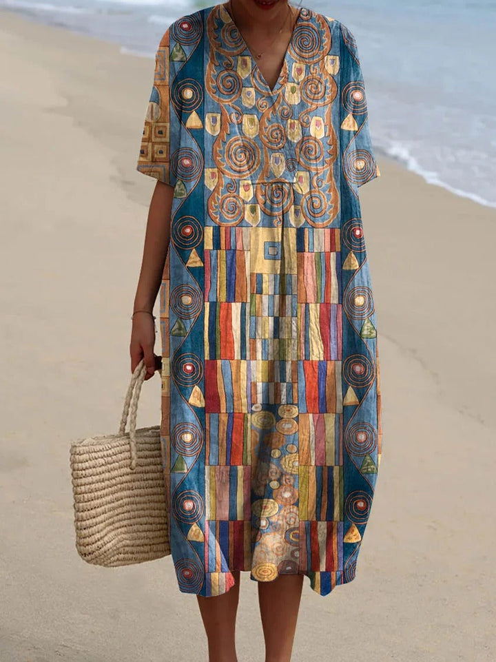 Vestido cruzado sin mangas de algodón para mujer con bolsillo y estampado artístico geométrico abstracto
