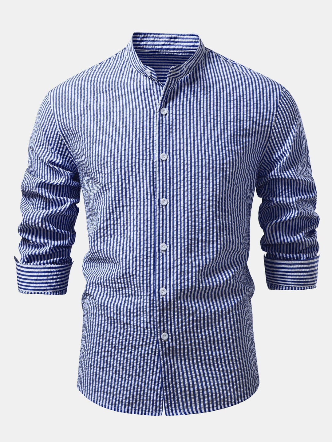 Camisa a Rayas Seersucker con Cuello Alto y Pantalones de Lino de Pierna Recta