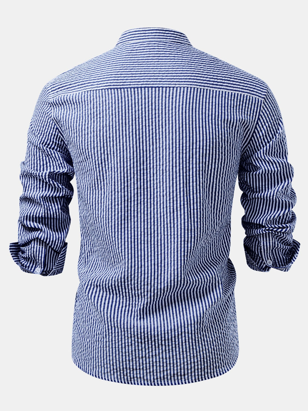 Camisa a Rayas Seersucker con Cuello Alto y Pantalones de Lino de Pierna Recta