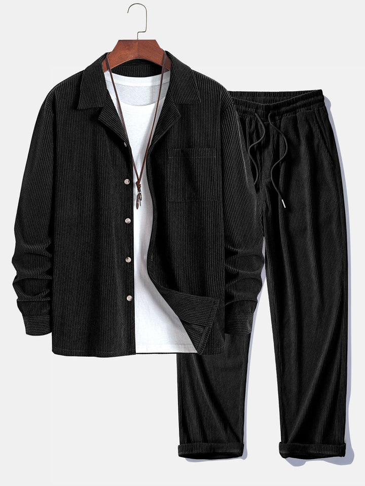 Camisa de Manga Larga de Corduroy con Cuello Cubano y Pantalones de Corduroy de Pierna Recta