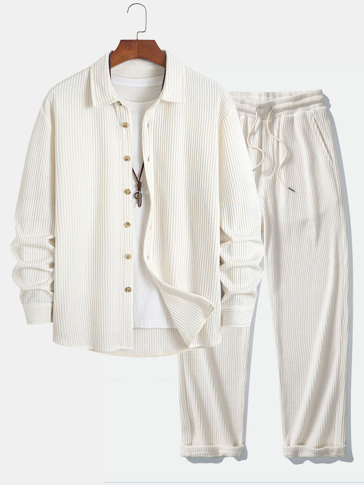 Camisa de Manga Larga de Waffle con Botones y Pantalones de Waffle Tejidos con Cordón
