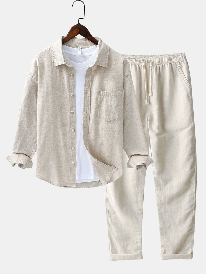 Camisa de manga larga de lino y algodón con bolsillo y pantalón de lino de pierna recta
