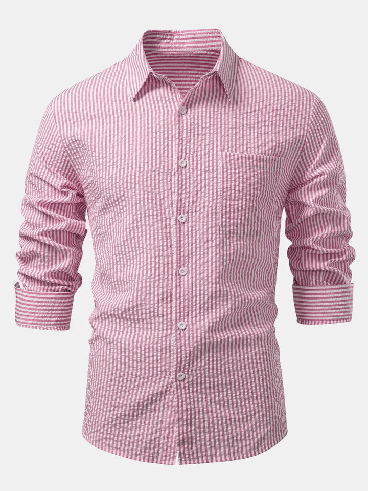Camisa a Rayas Seersucker con Botones y Pantalones de Lino de Pierna Recta