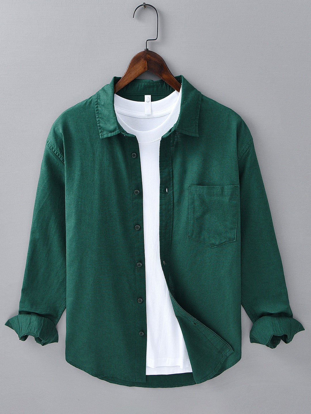 Camisa de manga larga de lino y algodón con bolsillo y pantalón de lino de pierna recta