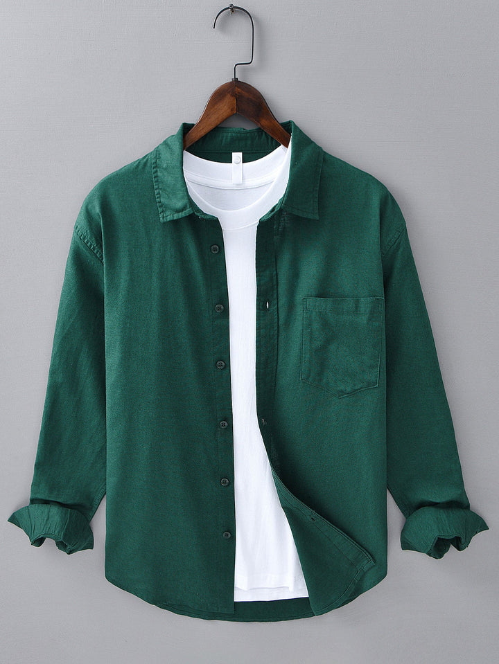 Camisa de manga larga de lino y algodón con bolsillo y pantalón de lino de pierna recta