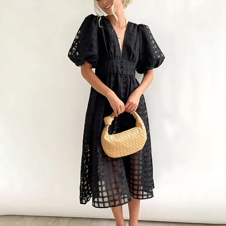 Cindy | Vestido midi clásico con mangas abullonadas