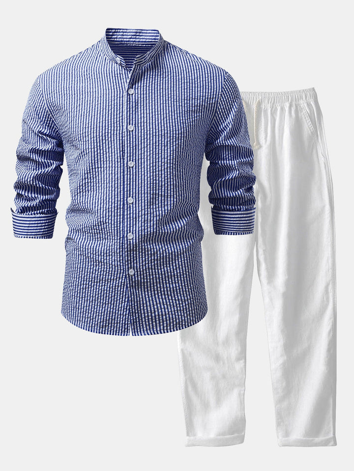 Camisa a Rayas Seersucker con Cuello Alto y Pantalones de Lino de Pierna Recta
