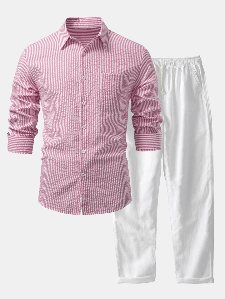 Camisa a Rayas Seersucker con Botones y Pantalones de Lino de Pierna Recta