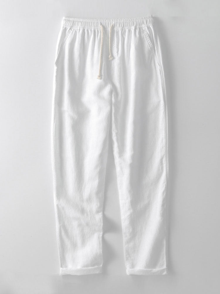 Camisa a Rayas Seersucker con Cuello Alto y Pantalones de Lino de Pierna Recta
