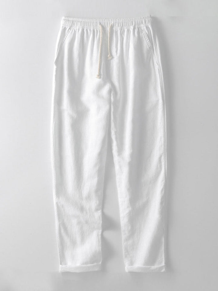 Camisa a Rayas Seersucker con Cuello Alto y Pantalones de Lino de Pierna Recta