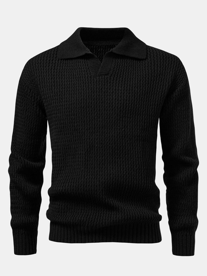 Polo de Punto Jacquard con Ondas y Cuello en V de Manga Larga