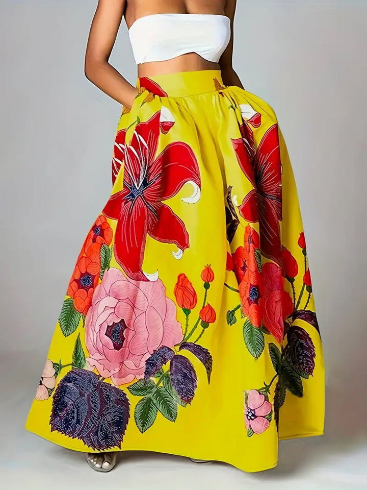 Falda maxi de mujer con estampado floral y bolsillos