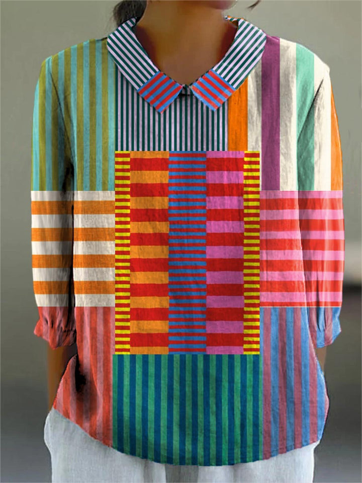 Camisa de Mujer de Algodón y Lino a Rayas y Patchwork Colorido