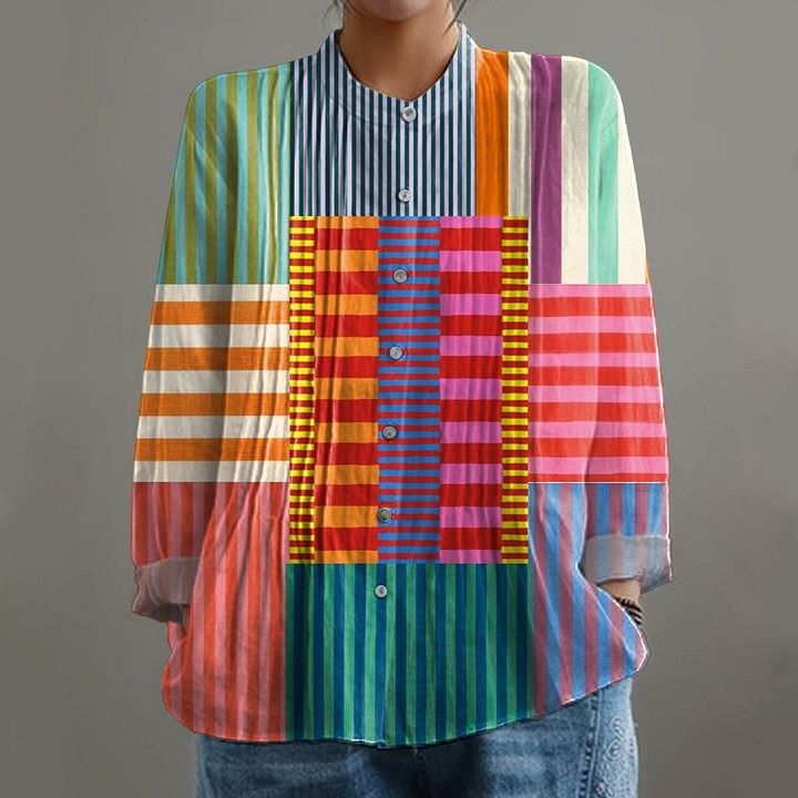 Camisa de Mujer de Algodón y Lino a Rayas y Patchwork Colorido