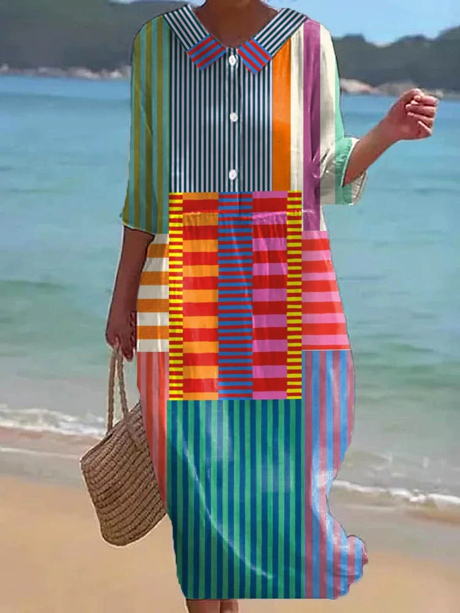Camisa de Mujer de Algodón y Lino a Rayas y Patchwork Colorido