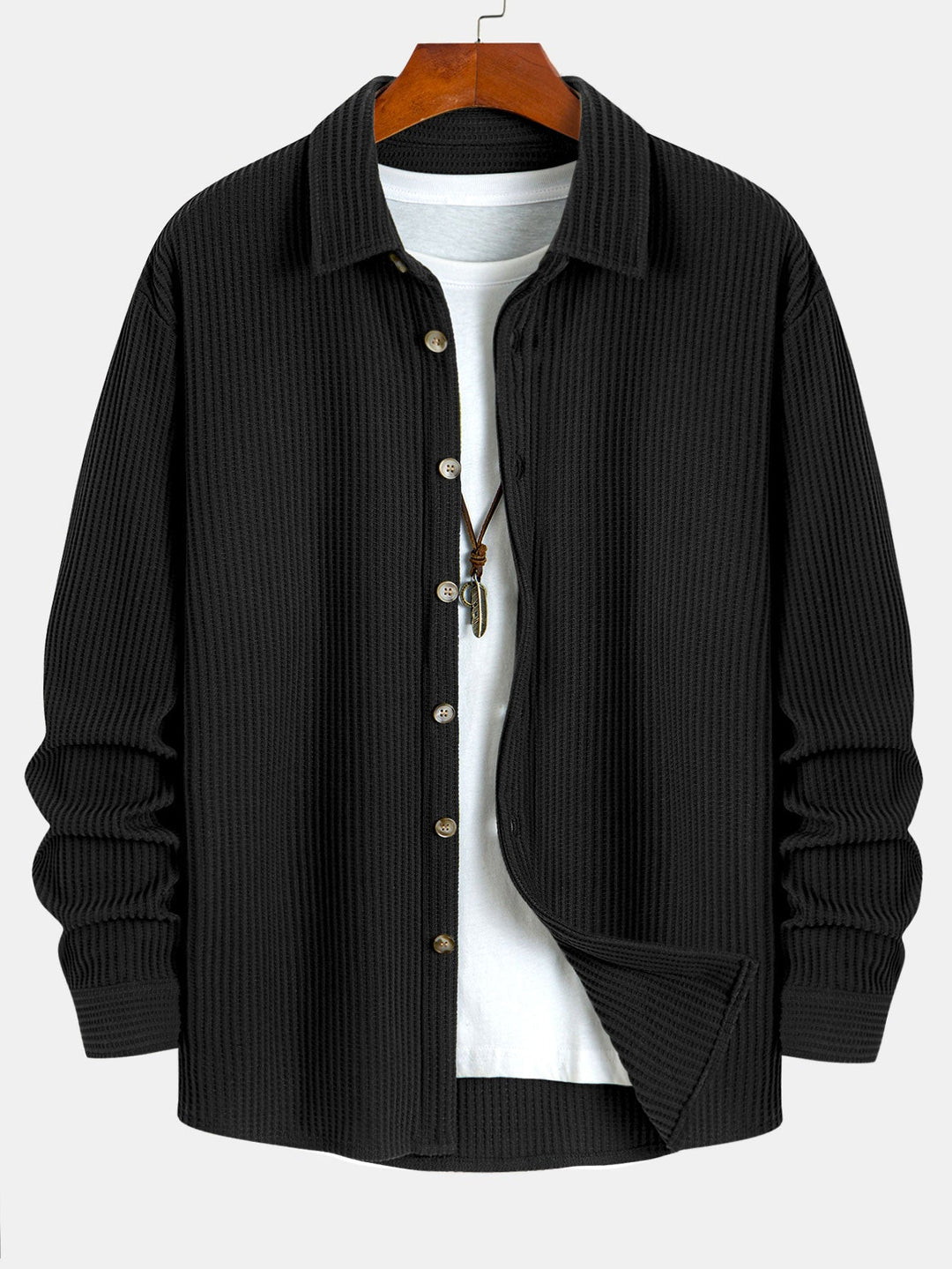 Camisa de Manga Larga de Waffle con Botones y Pantalones de Waffle Tejidos con Cordón