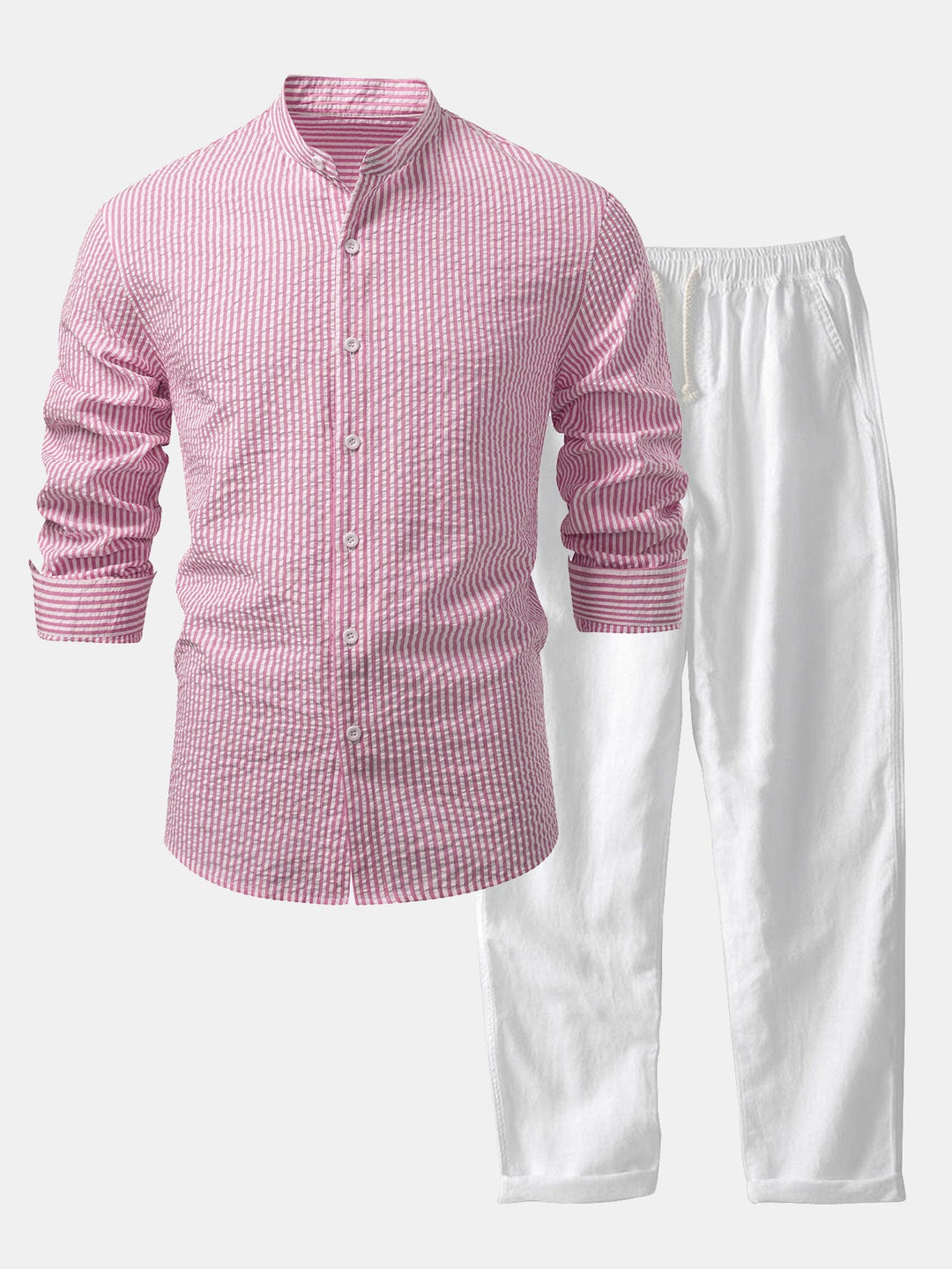 Camisa a Rayas Seersucker con Cuello Alto y Pantalones de Lino de Pierna Recta