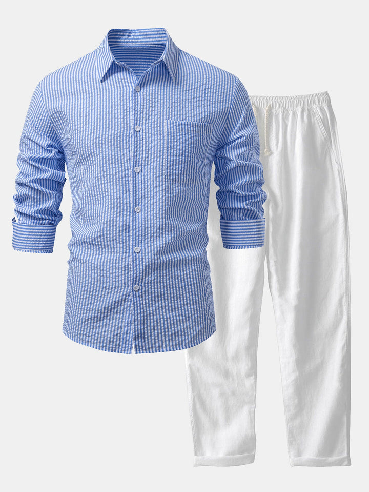 Camisa a Rayas Seersucker con Botones y Pantalones de Lino de Pierna Recta