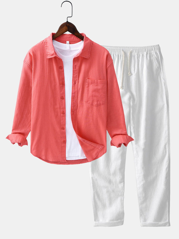 Camisa de manga larga de lino y algodón con bolsillo y pantalón de lino de pierna recta