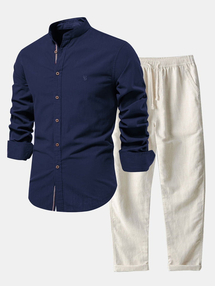 Camisa de Manga Larga con Cuello Mao Estilo Lino
