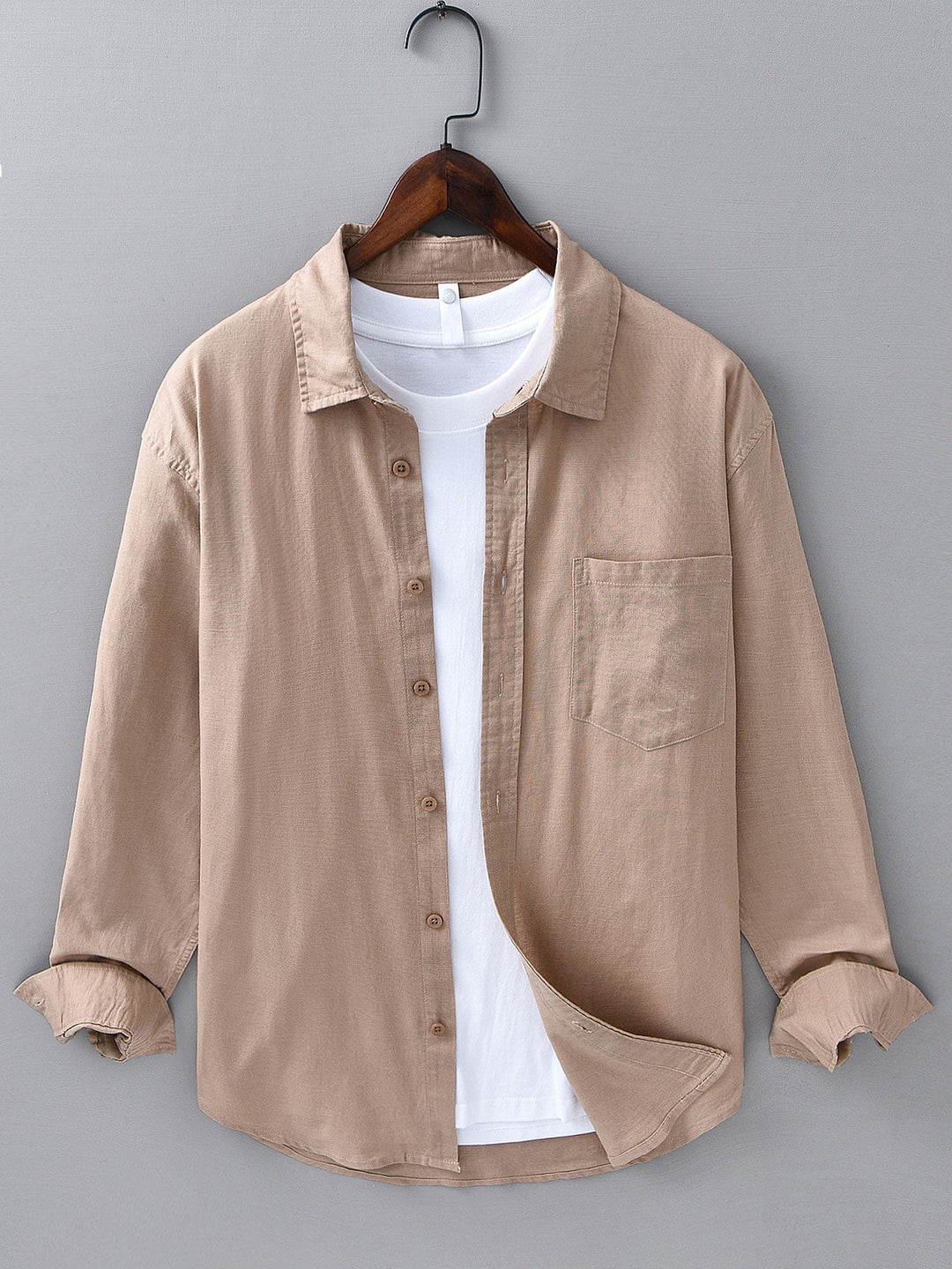 Camisa de manga larga de lino y algodón con bolsillo y pantalón de lino de pierna recta