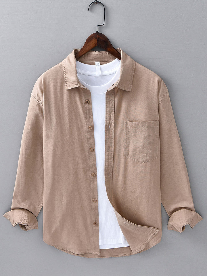 Camisa de manga larga de lino y algodón con bolsillo y pantalón de lino de pierna recta