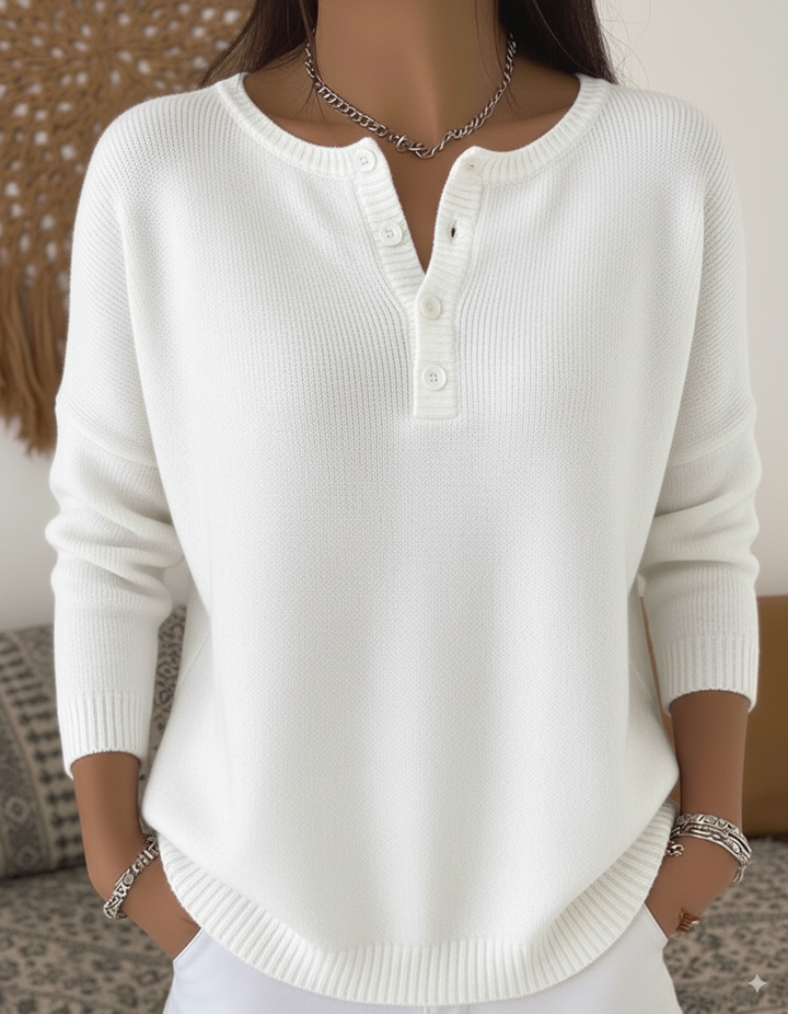 Top de Suéter de Mujer con Cuello Henley y Color Sólido, Suave