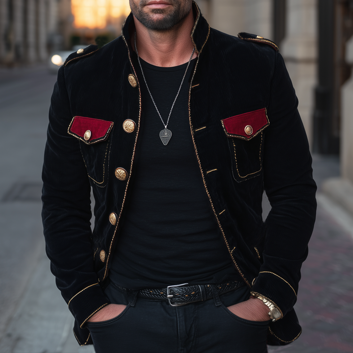 Chaqueta vintage de terciopelo con cuello mao y múltiples botones para hombre