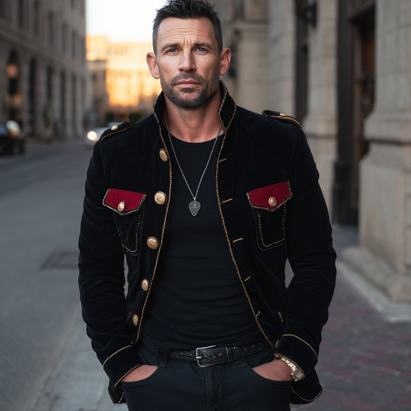 Chaqueta vintage de terciopelo con cuello mao y múltiples botones para hombre