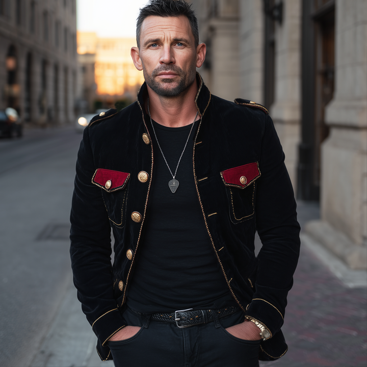 Chaqueta vintage de terciopelo con cuello mao y múltiples botones para hombre