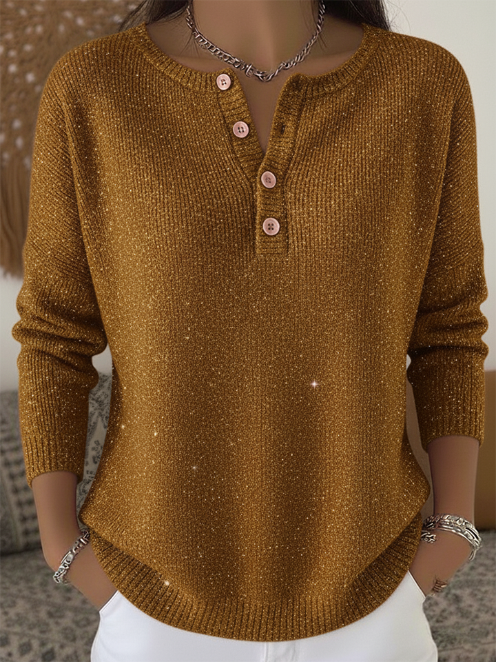 Camiseta de Mujer con Cuello Henley Brillante y Color Sólido