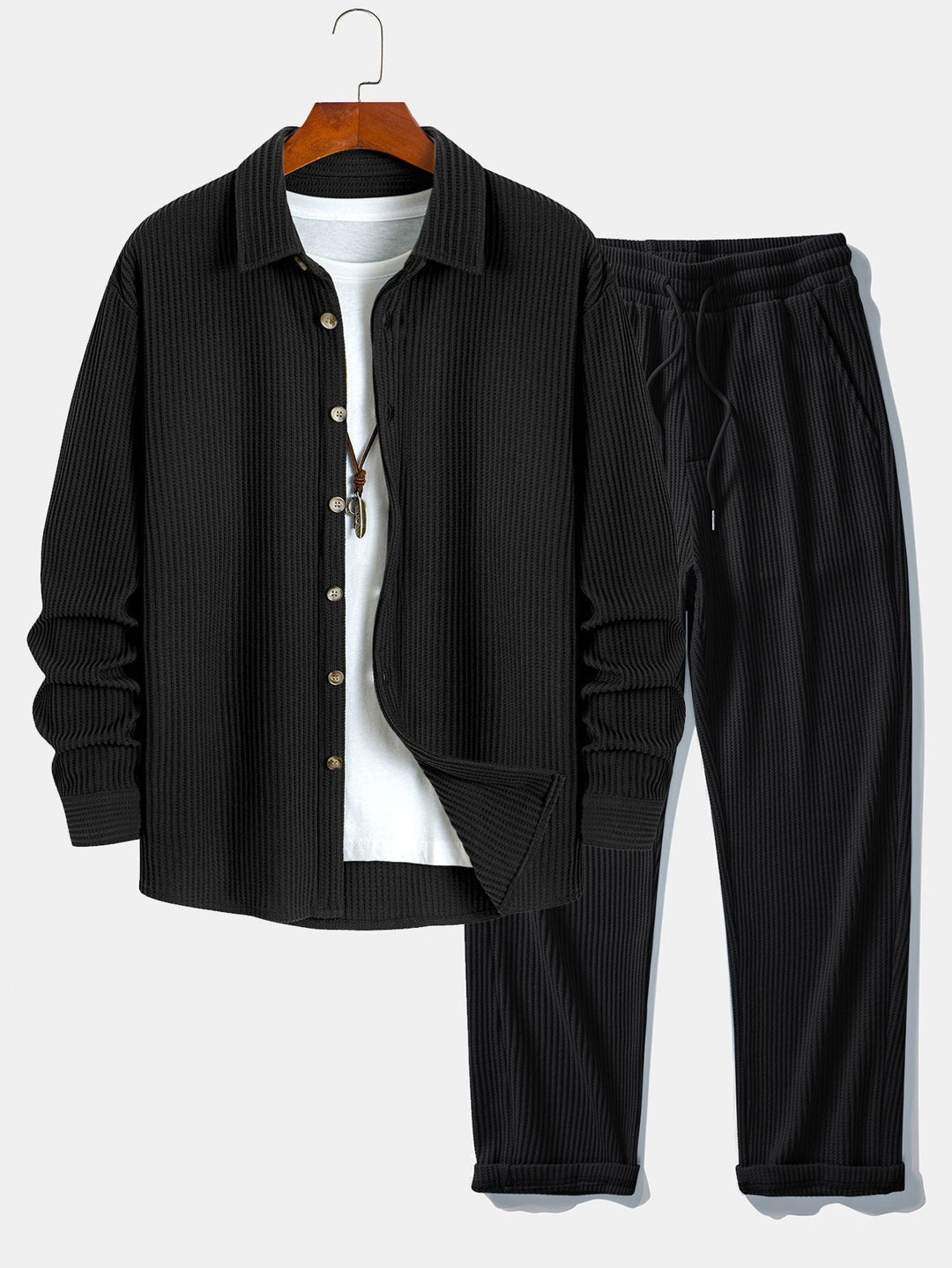Camisa de Manga Larga de Waffle con Botones y Pantalones de Waffle Tejidos con Cordón