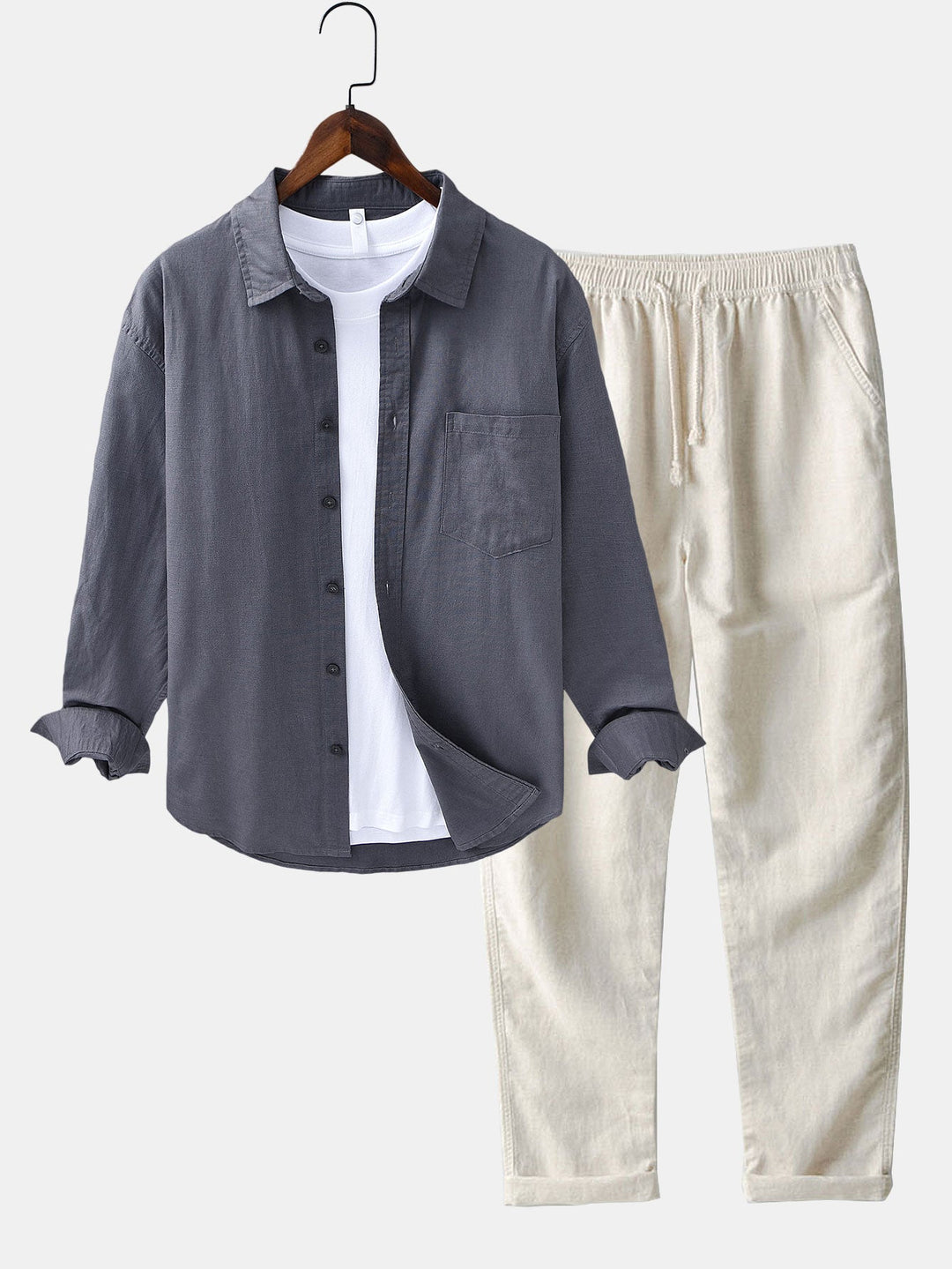 Camisa de manga larga de lino y algodón con bolsillo y pantalón de lino de pierna recta