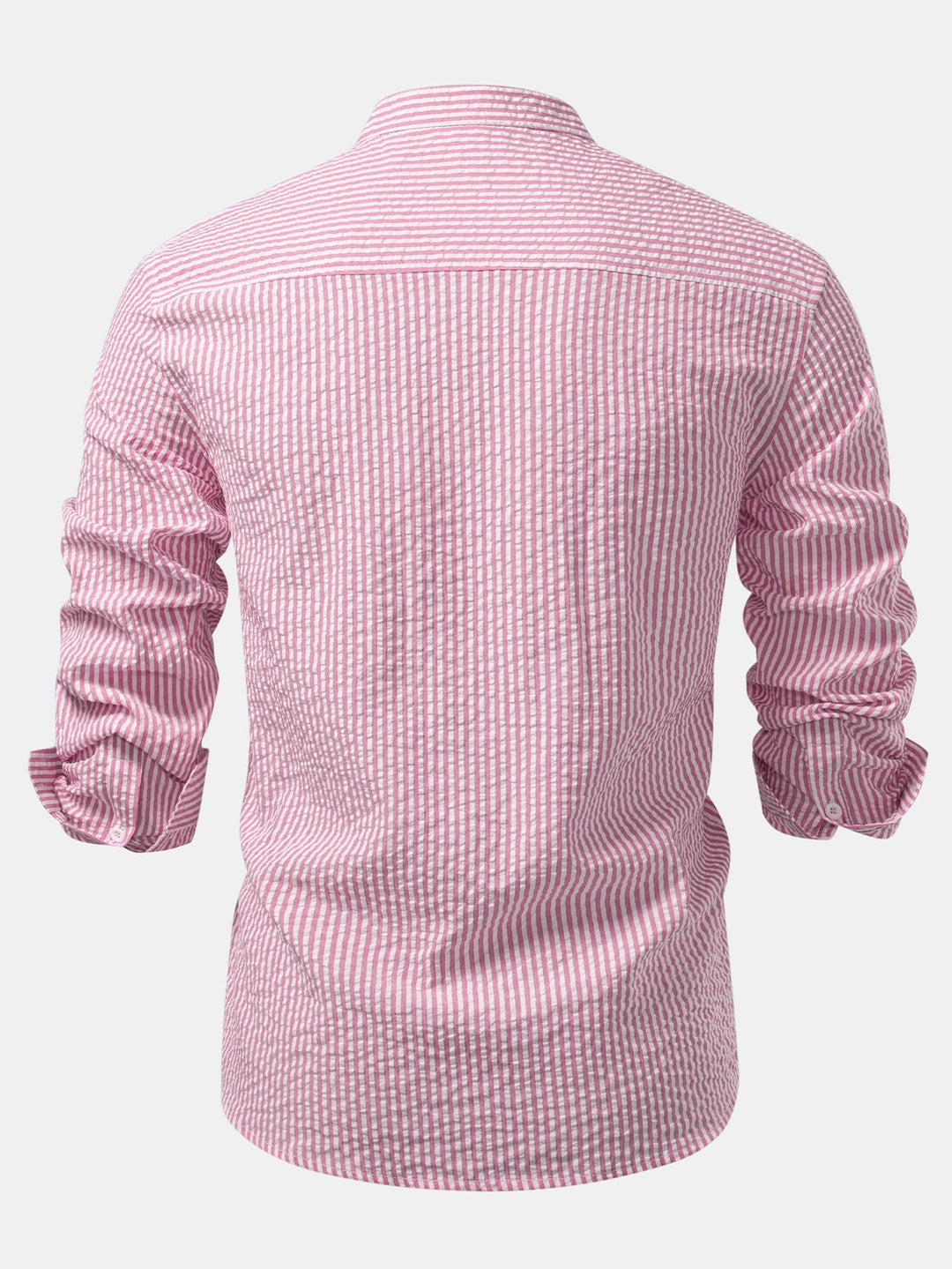 Camisa a Rayas Seersucker con Cuello Alto y Pantalones de Lino de Pierna Recta