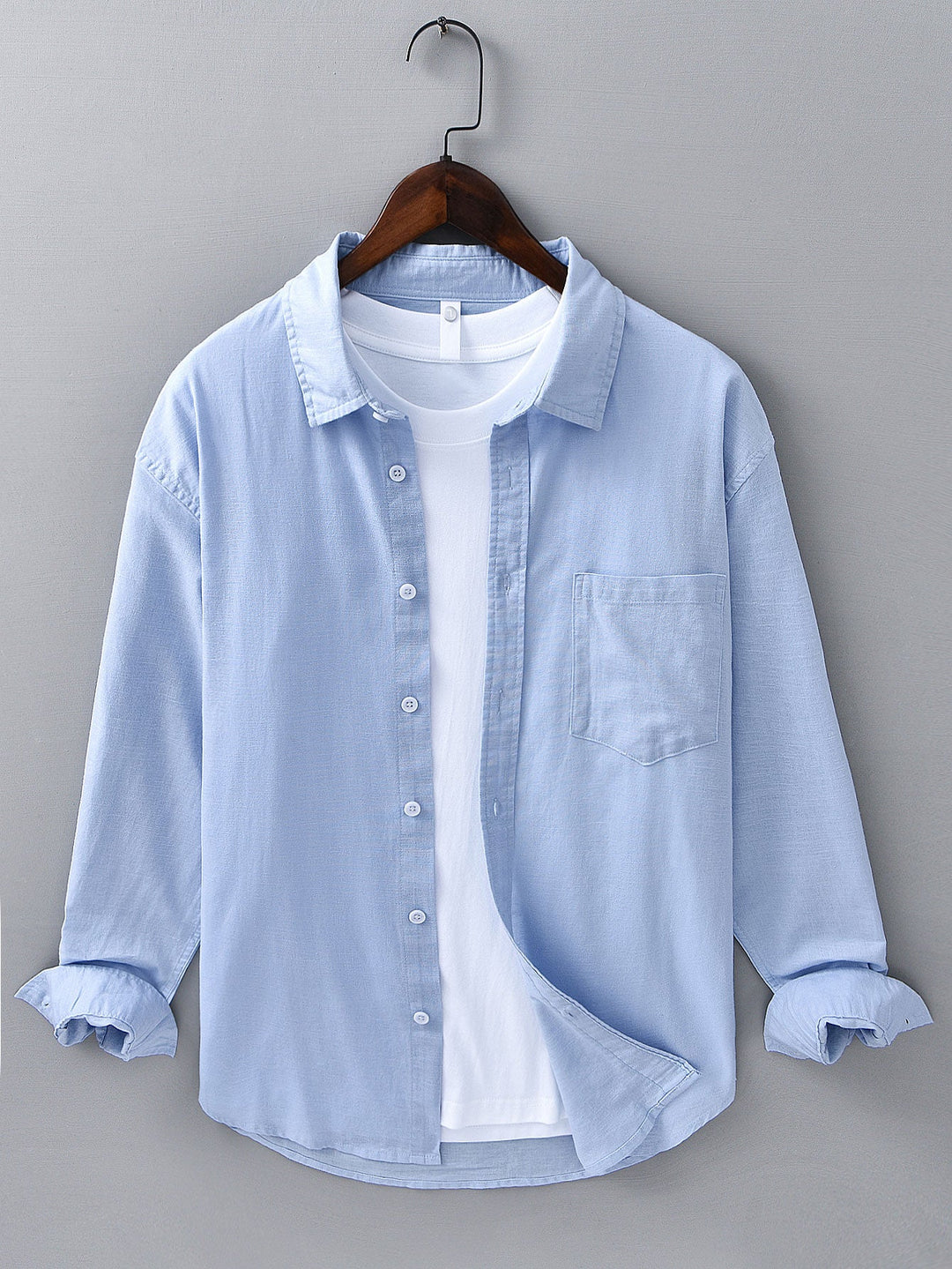 Camisa de manga larga de lino y algodón con bolsillo y pantalón de lino de pierna recta