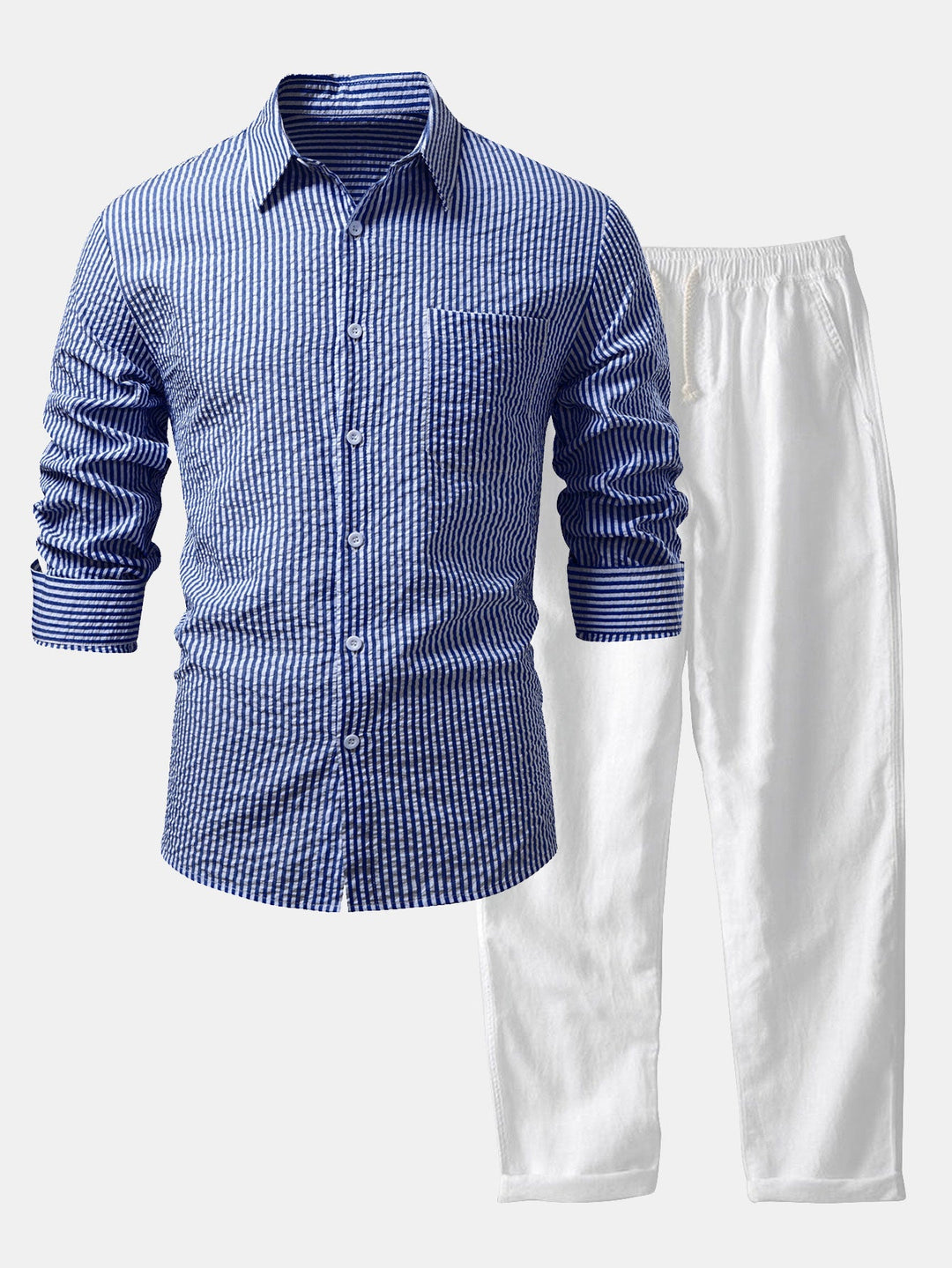 Camisa a Rayas Seersucker con Botones y Pantalones de Lino de Pierna Recta