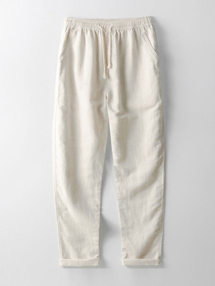 Camisa de manga larga de lino y algodón con bolsillo y pantalón de lino de pierna recta
