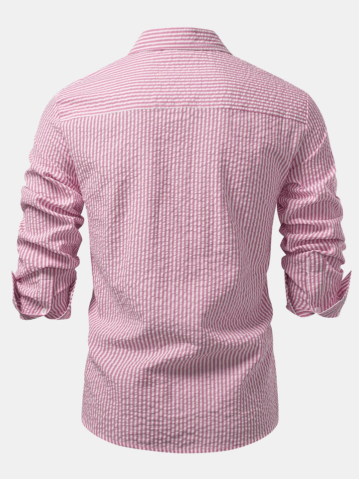 Camisa a Rayas Seersucker con Botones y Pantalones de Lino de Pierna Recta