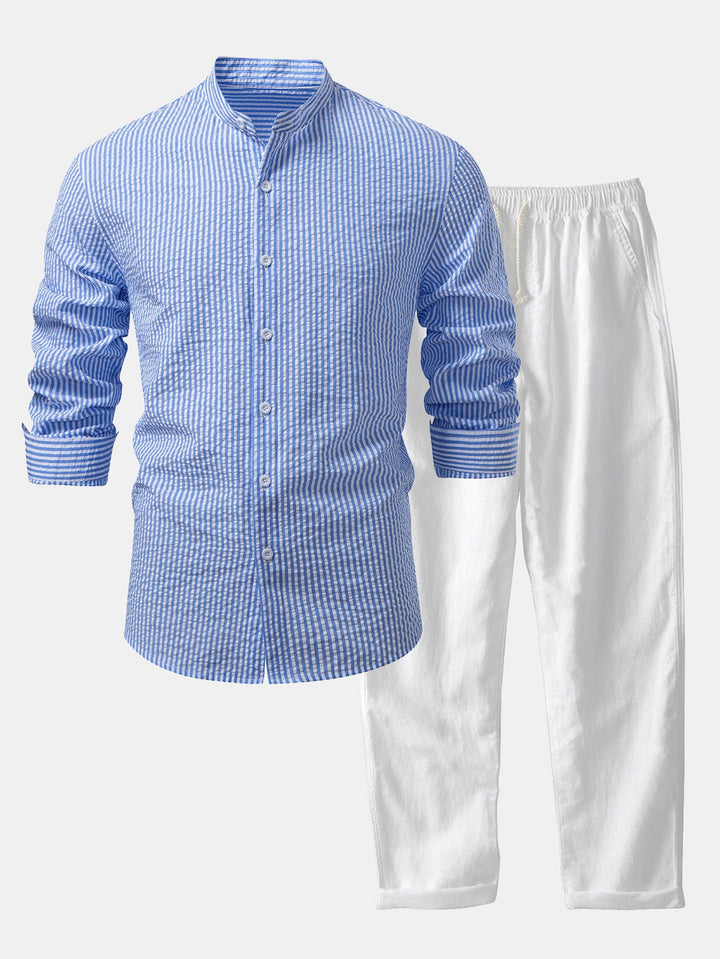 Camisa a Rayas Seersucker con Cuello Alto y Pantalones de Lino de Pierna Recta