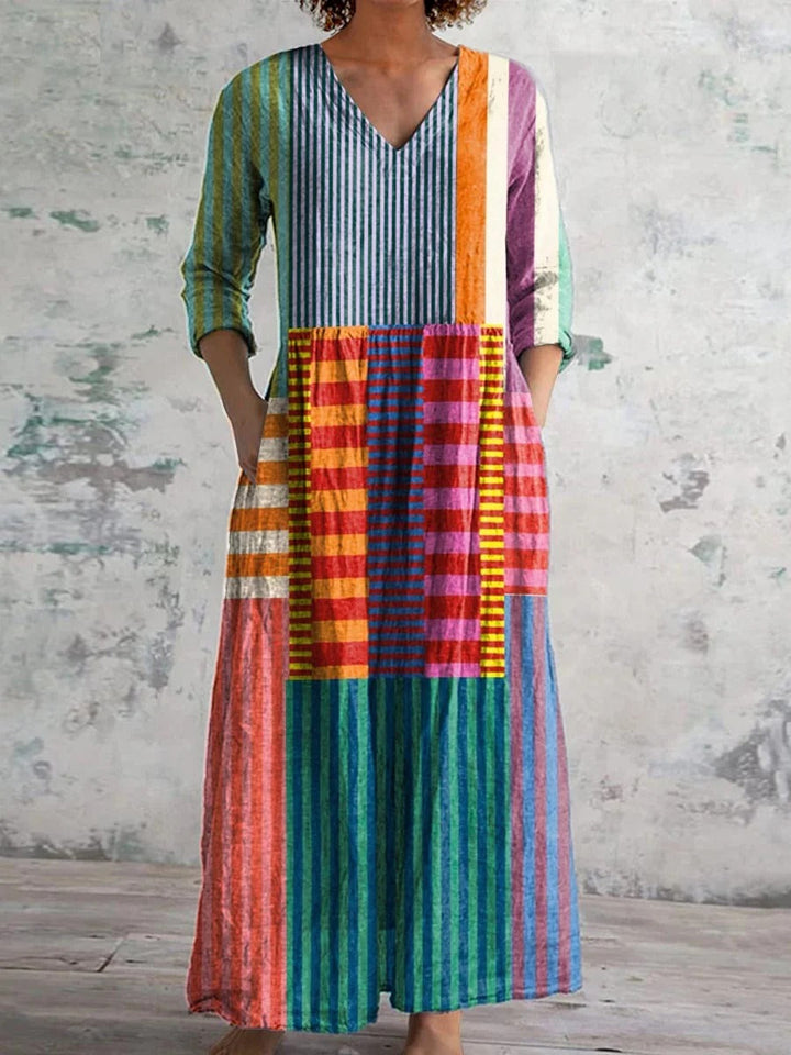 Camisa de Mujer de Algodón y Lino a Rayas y Patchwork Colorido